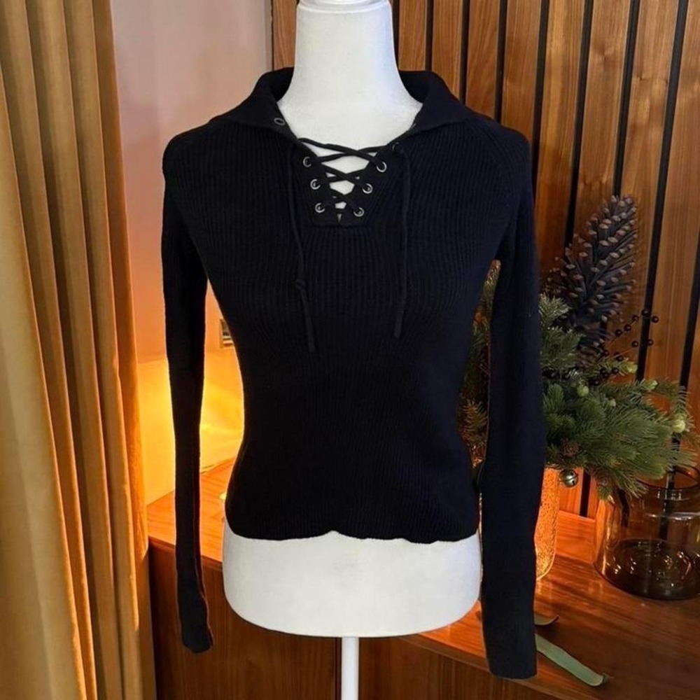 SO Black Ribbed‎ Lace Up Front Sailor Collar Sweater Small Raglan Sleeve